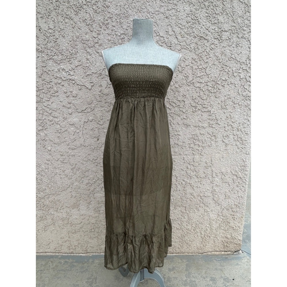 GUESS Strapless Silk Chiffon Maxi Dress Womens Small‎ Olive Green Smocked Fairy